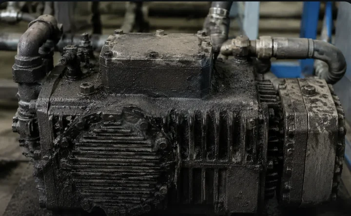 Contaminated industrial surface before dry ice blasting — DCC field photo
