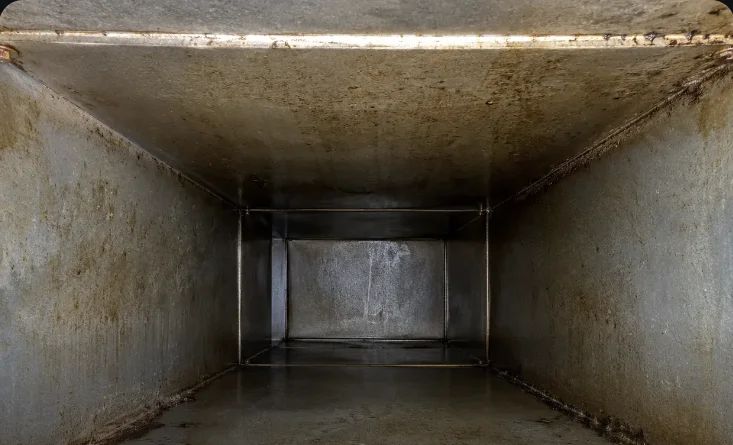 Grease-caked kitchen exhaust duct interior before cleaning — DCC field photo