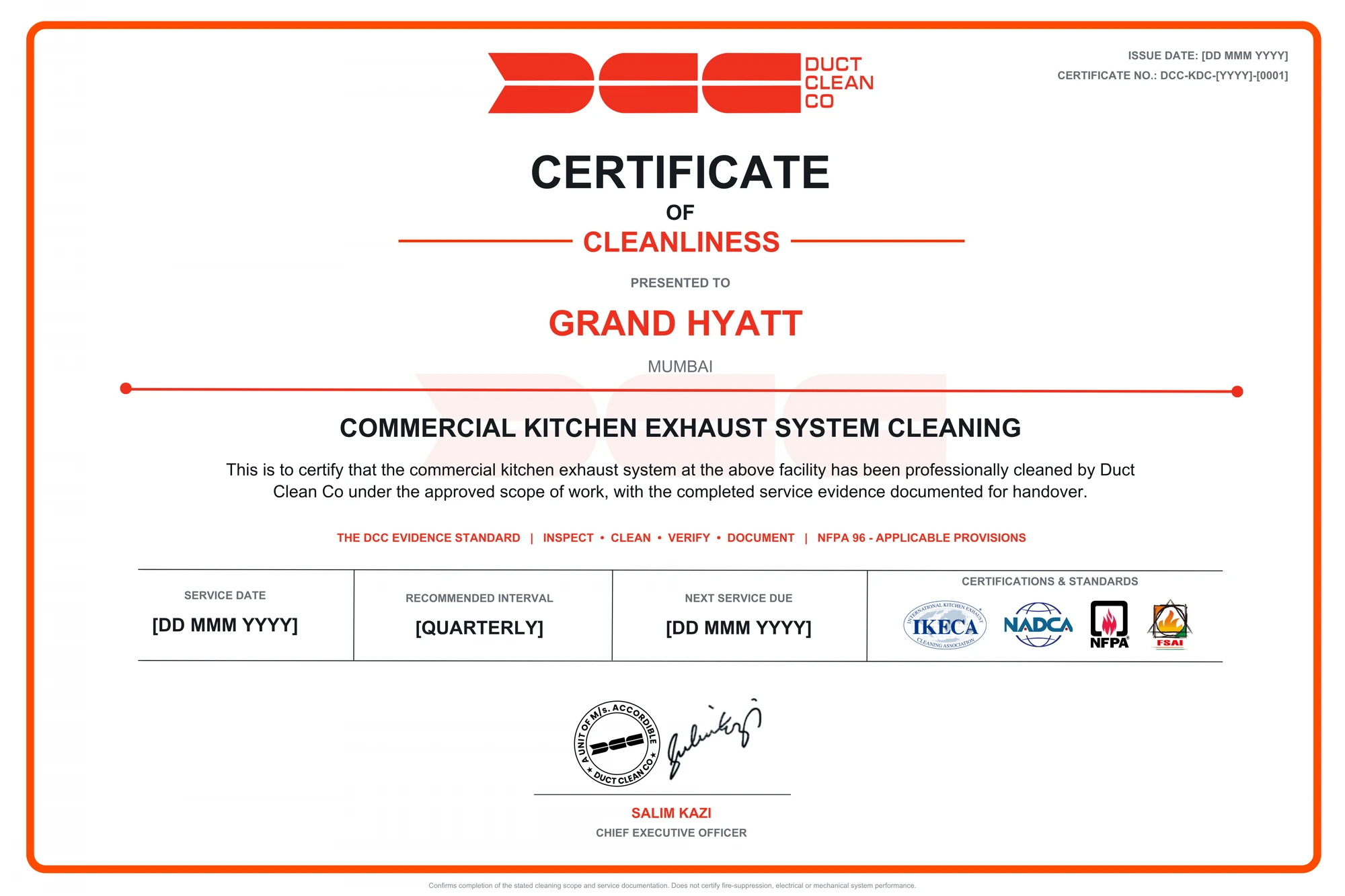 DCC Certificate of Cleanliness — the service certificate issued per project after documented completion