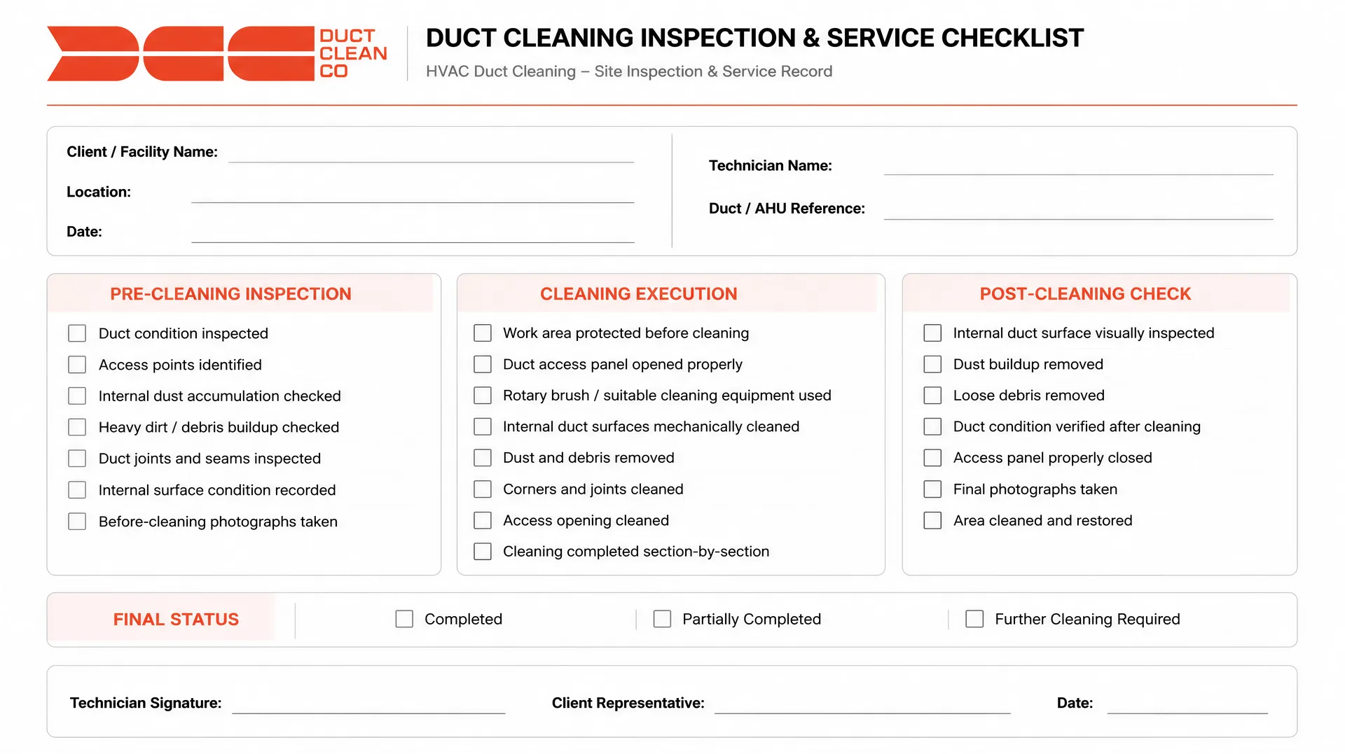 DCC Duct Cleaning Inspection & Service Checklist — the signed service record