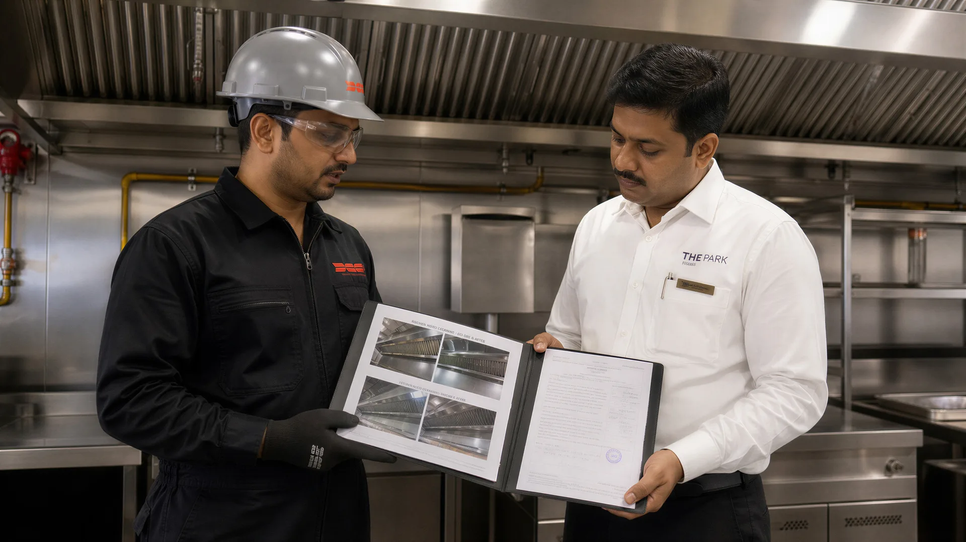 DCC technician presenting the photographic evidence report to the facility manager at handover