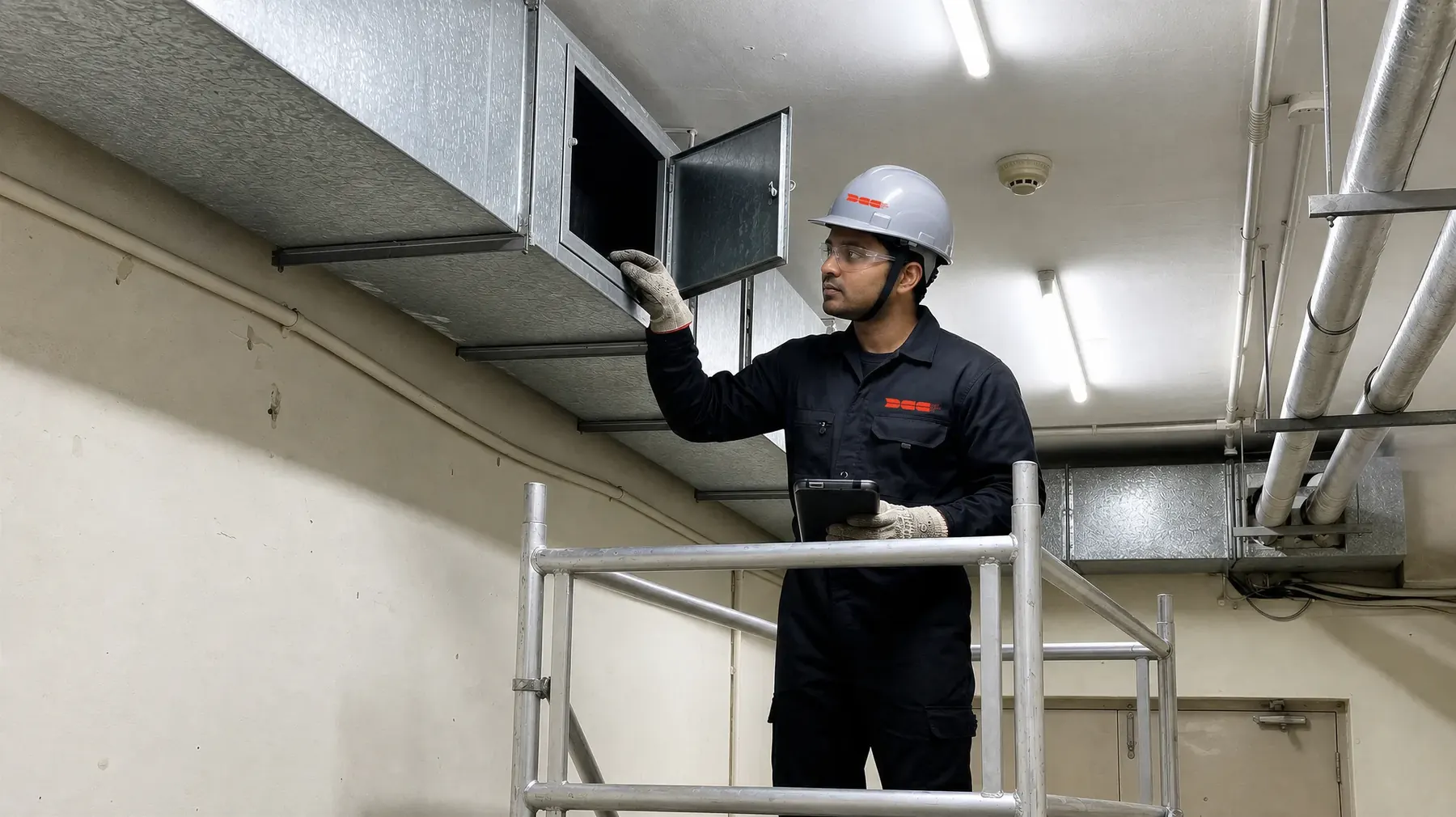 DCC technician on scaffolding opening a duct access panel, tablet in hand — inspection record