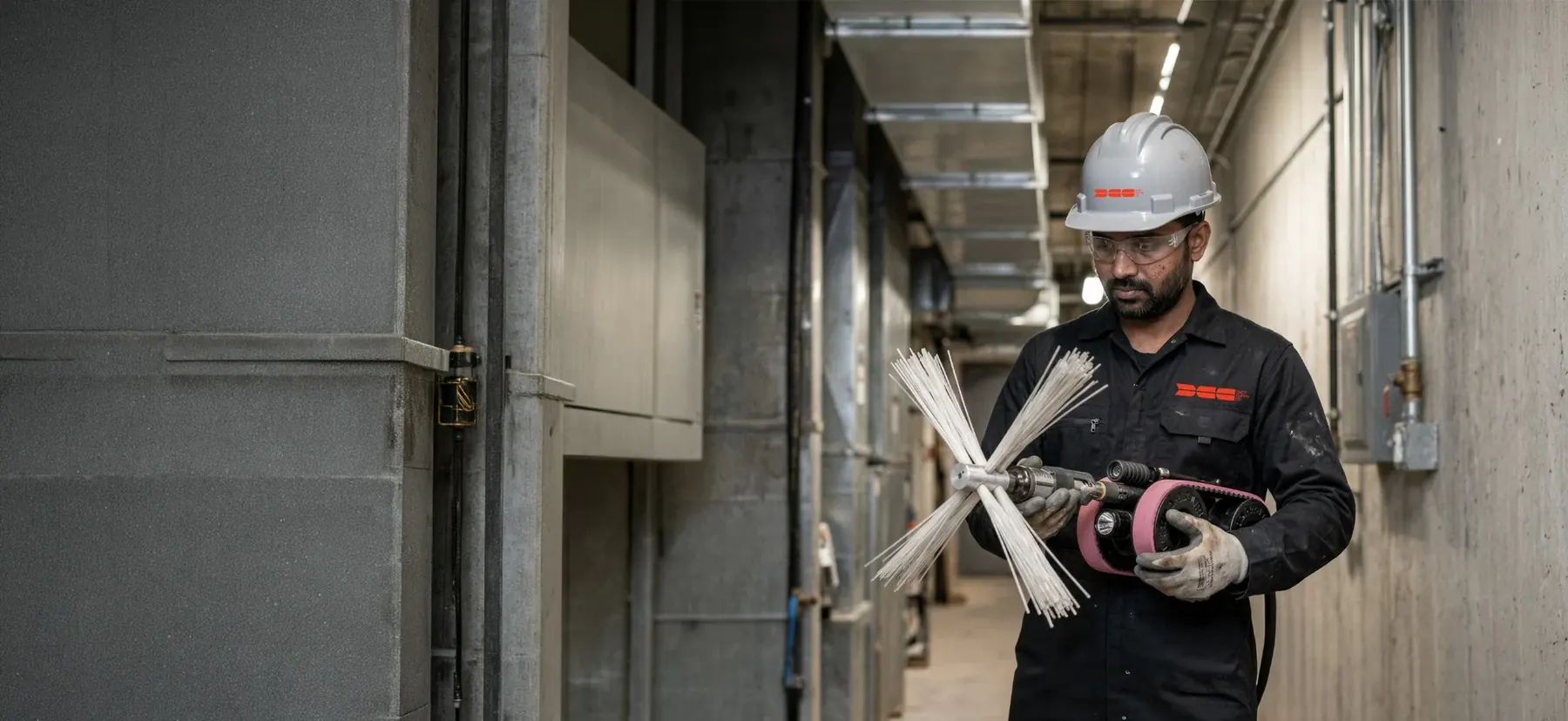 DCC technician in branded hard hat holding a rotary brush and inspection crawler inside a plant room corridor
