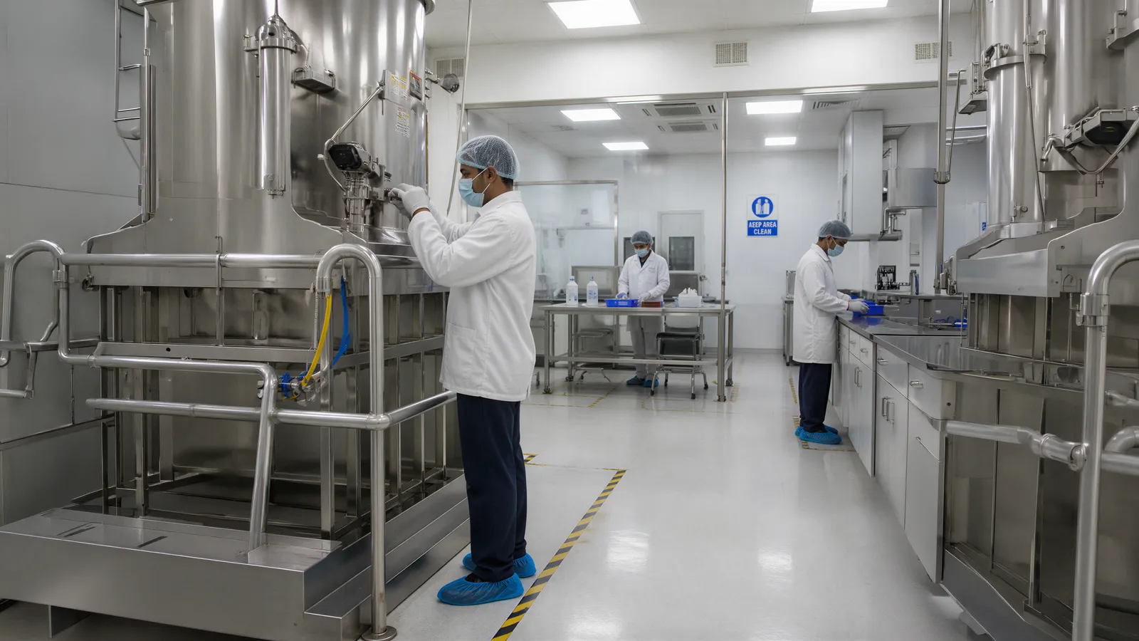 Pharmaceutical cleanroom with gowned operators at stainless process vessels