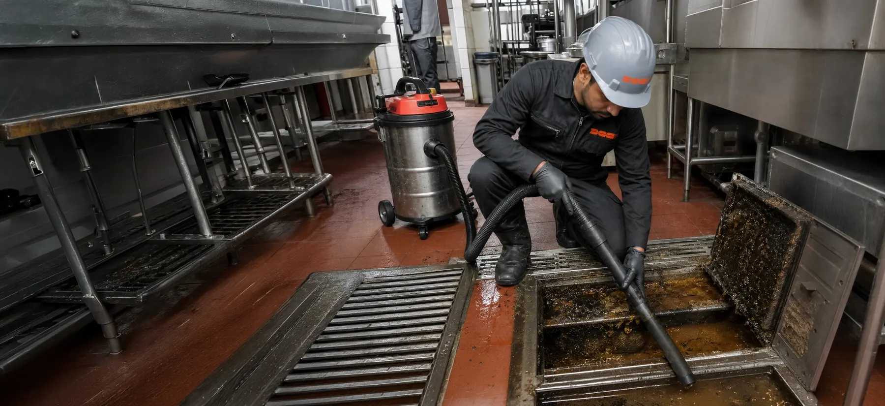 DCC technician vacuuming a grease-loaded kitchen drainage channel with an industrial wet vacuum