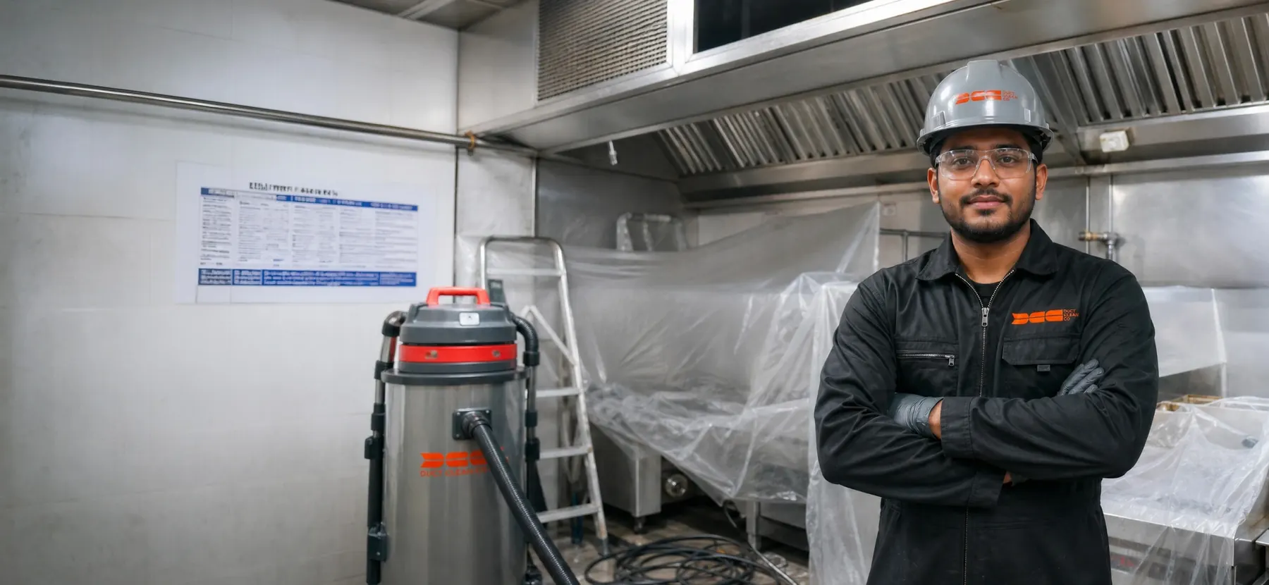 DCC technician in branded uniform and hard hat standing in a fully contained commercial kitchen under the exhaust canopy