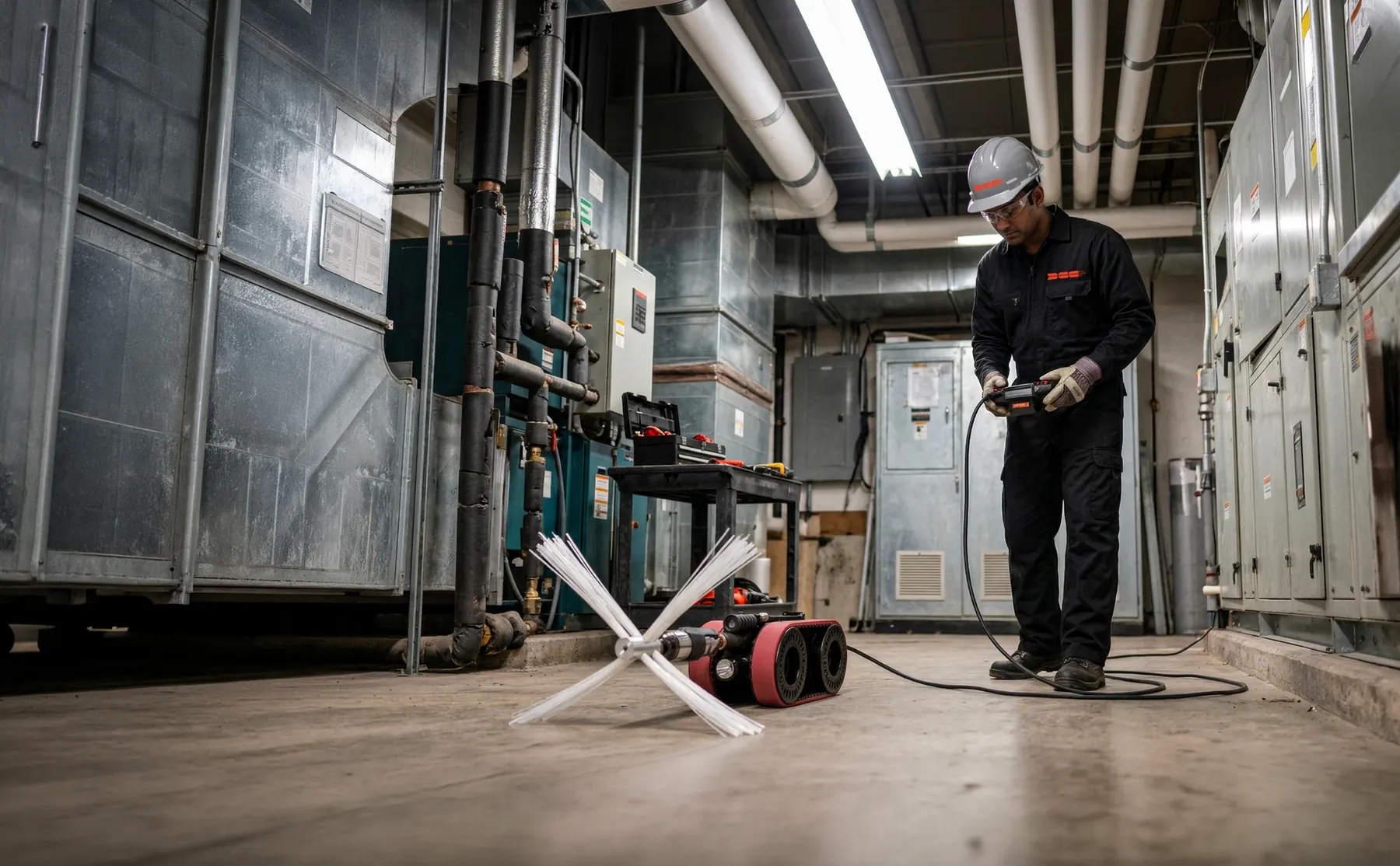 DCC technician operating a robotic duct-cleaning crawler with rotary brush in an air-handling plant room