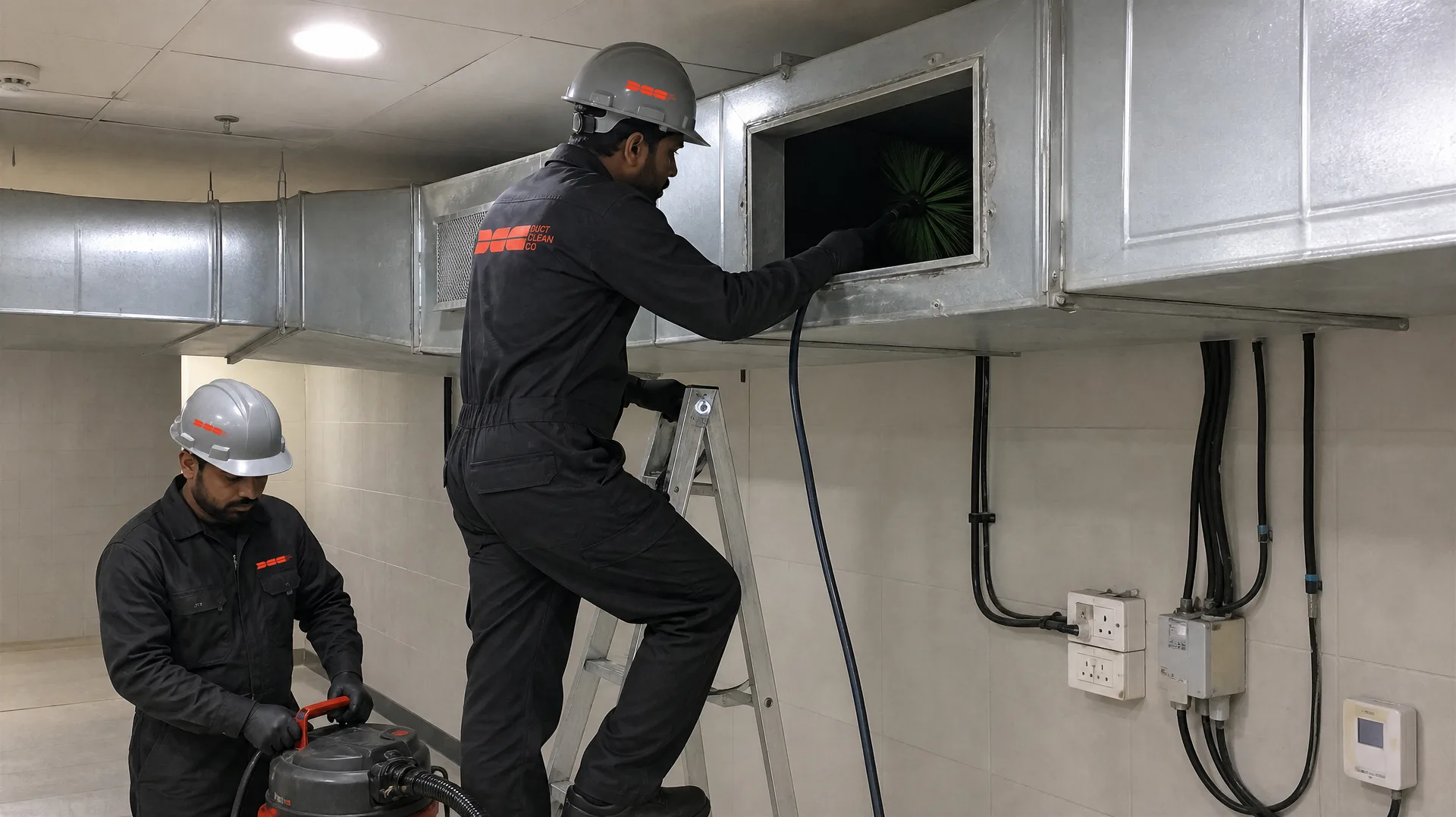 Two DCC technicians brush-cleaning an HVAC duct access hatch with extraction vacuum in a hospital