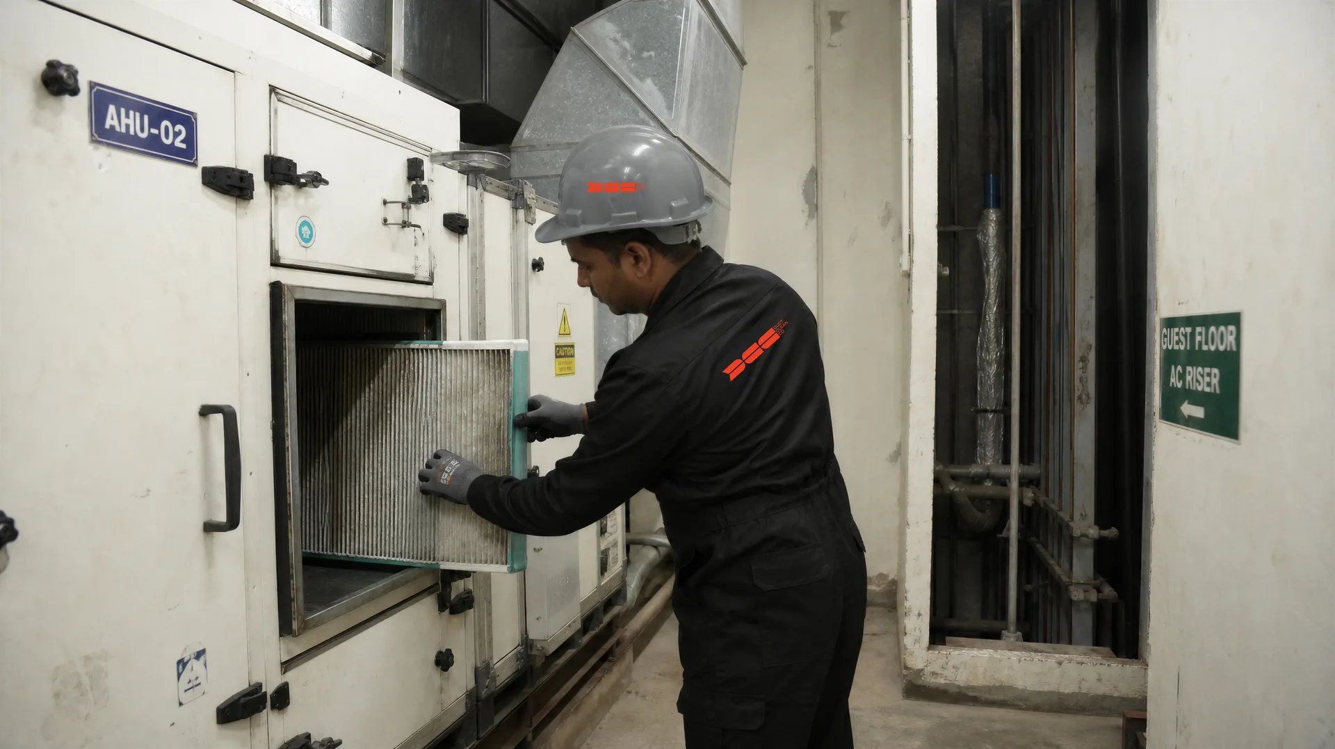 DCC technician removing the AHU-02 filter bank at a guest-floor AC riser in a business hotel