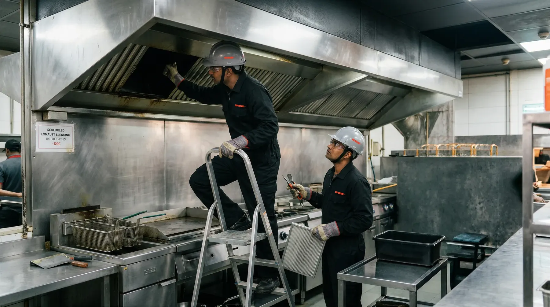 Two DCC technicians cleaning a QSR kitchen exhaust canopy — one inside the plenum, one handling baffle filters