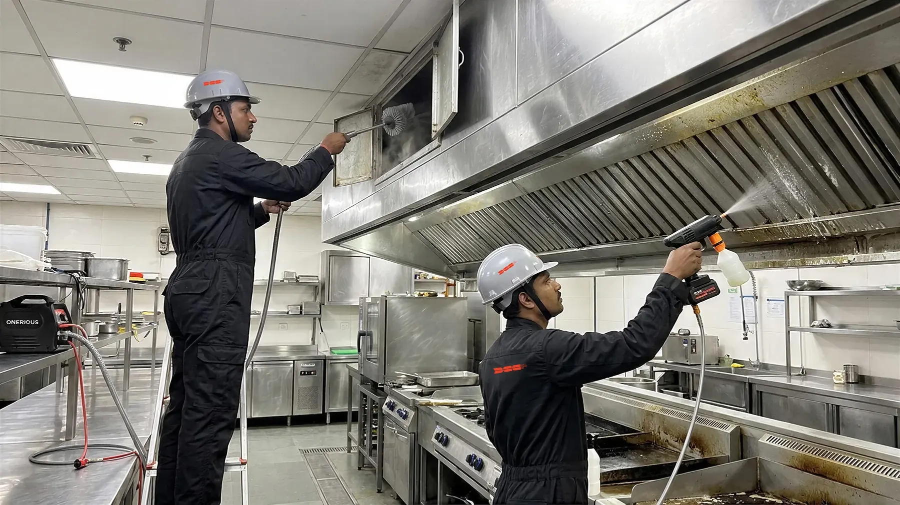 DCC crew brushing duct access and spraying degreaser across an IT-park cafeteria exhaust line