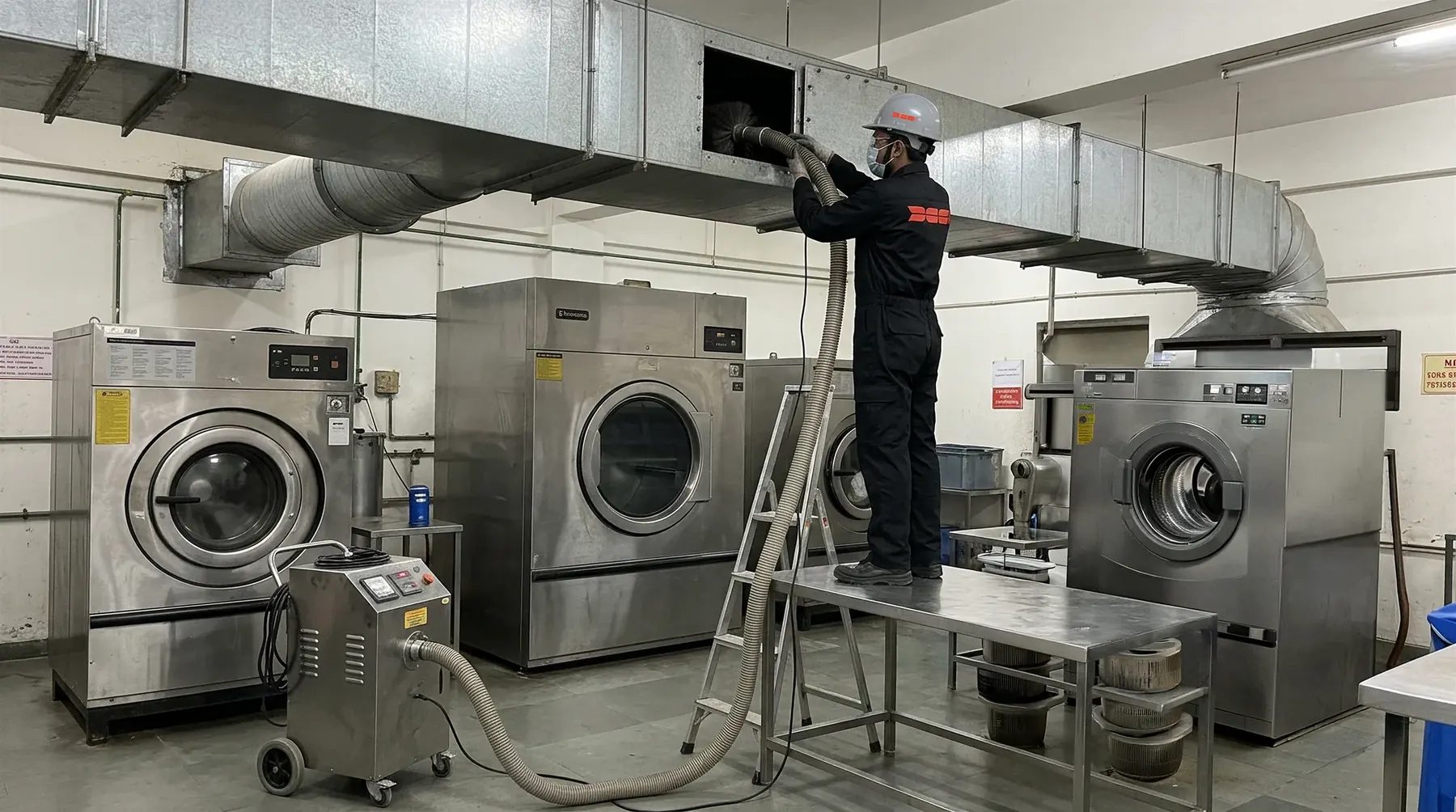 DCC technician extracting lint from a laundry exhaust riser above commercial washers at a resort