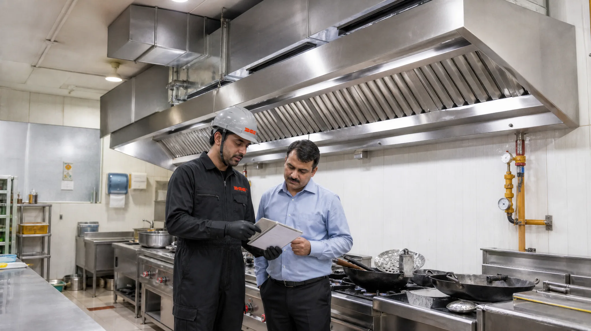 DCC specialist reviewing a commercial kitchen exhaust system with a facility representative