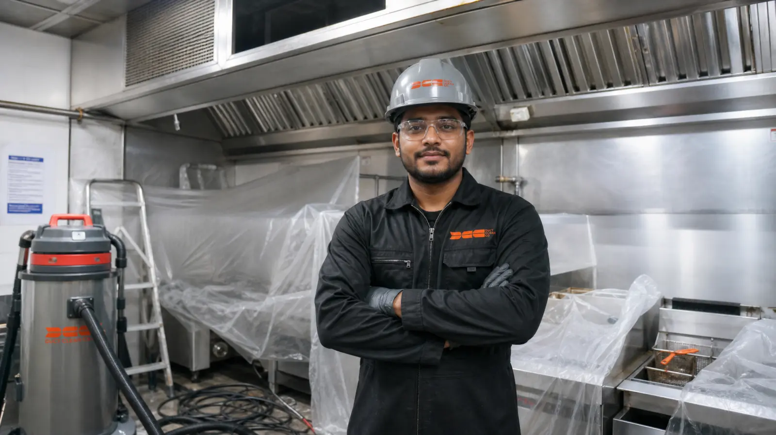 DCC field technician in protective equipment inside a commercial kitchen work area
