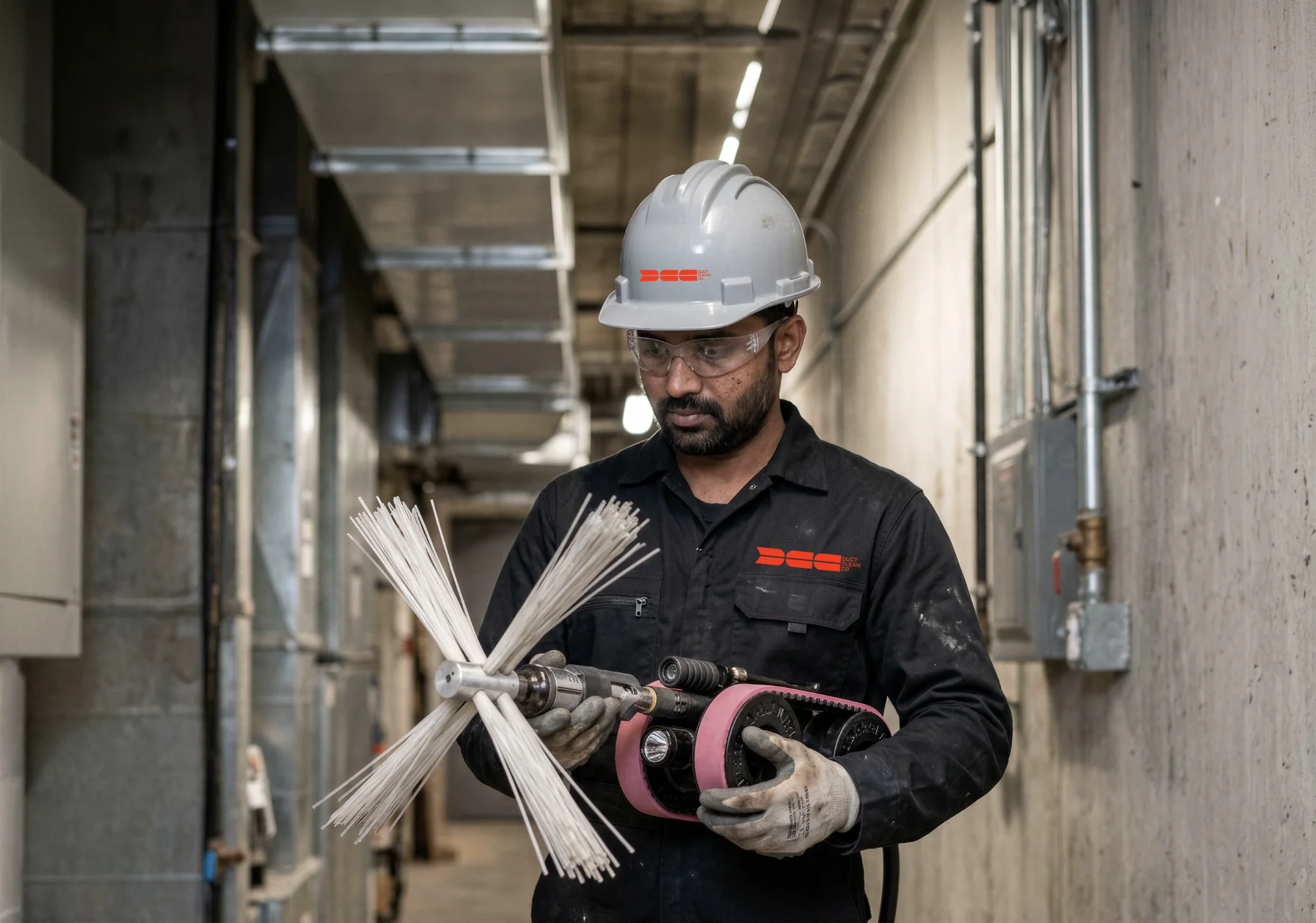 DCC technician preparing robotic air duct cleaning equipment inside a commercial facility